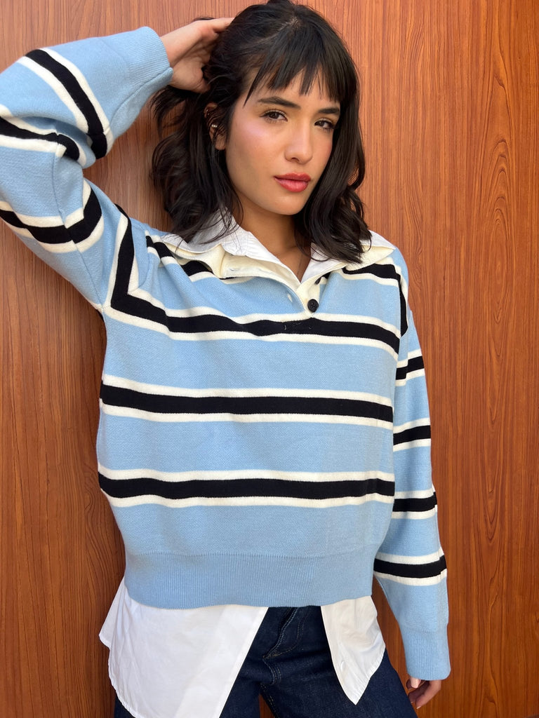 Babyblue X Black Knit Rugby Polo Striped Pullover - Mii