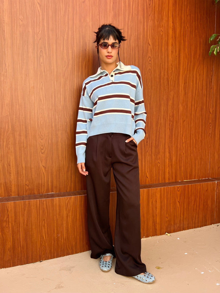 Babyblue X Brown Knit Rugby Polo Striped Pullover - Mii