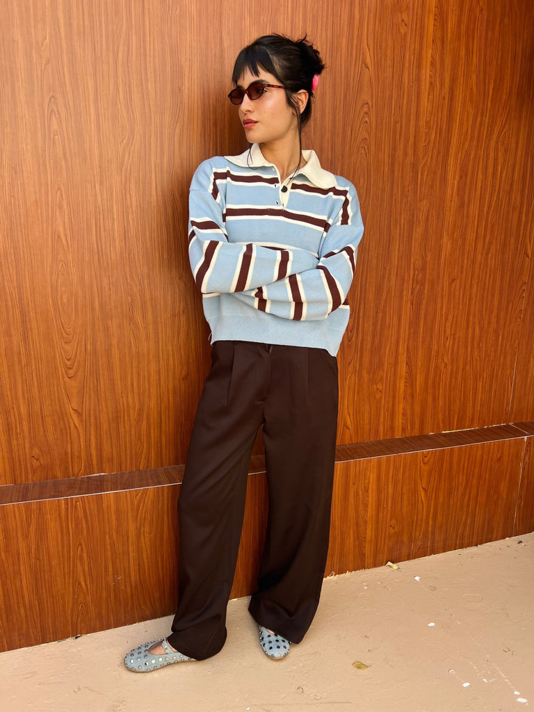 Babyblue X Brown Knit Rugby Polo Striped Pullover - Mii