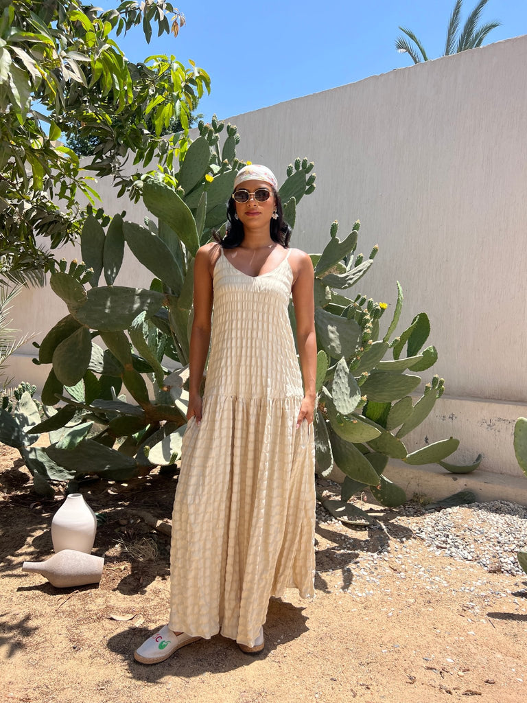 Beige Crinkled Drop Waist Dress - Mii