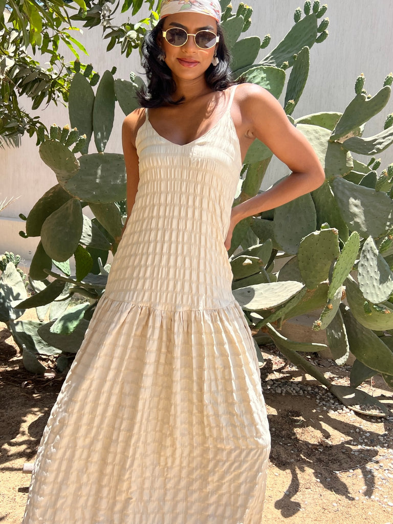 Beige Crinkled Drop Waist Dress - Mii