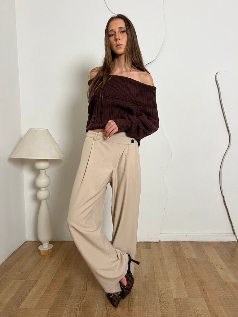 Beige CrissCross Waist Pants - Mii