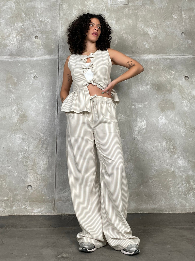 Beige Drawstring Waist Striped Pants - Mii