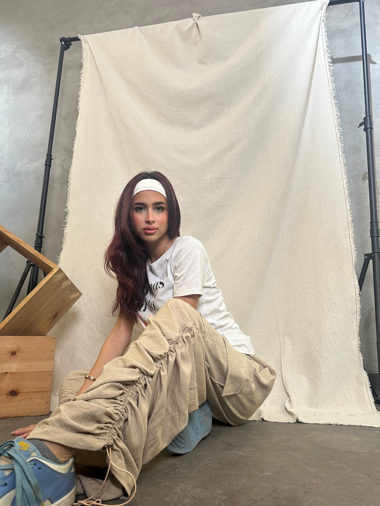 Beige Flap Pocket Side Drawstring Waist Parachute Pants - Mii