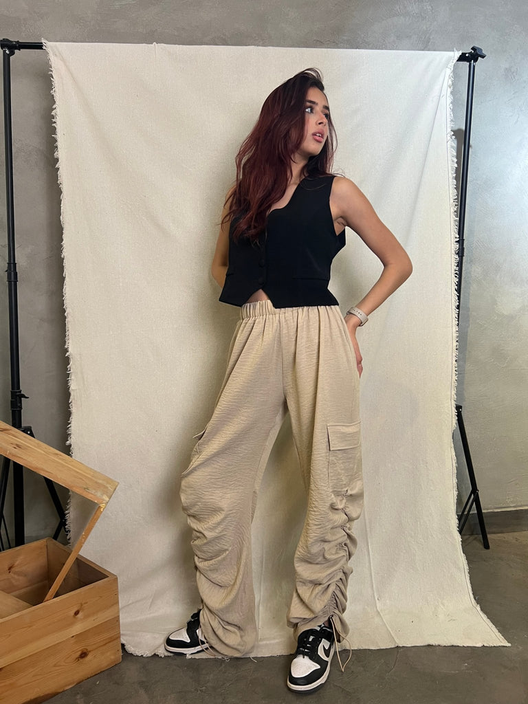 Beige Flap Pocket Side Drawstring Waist Parachute Pants - Mii