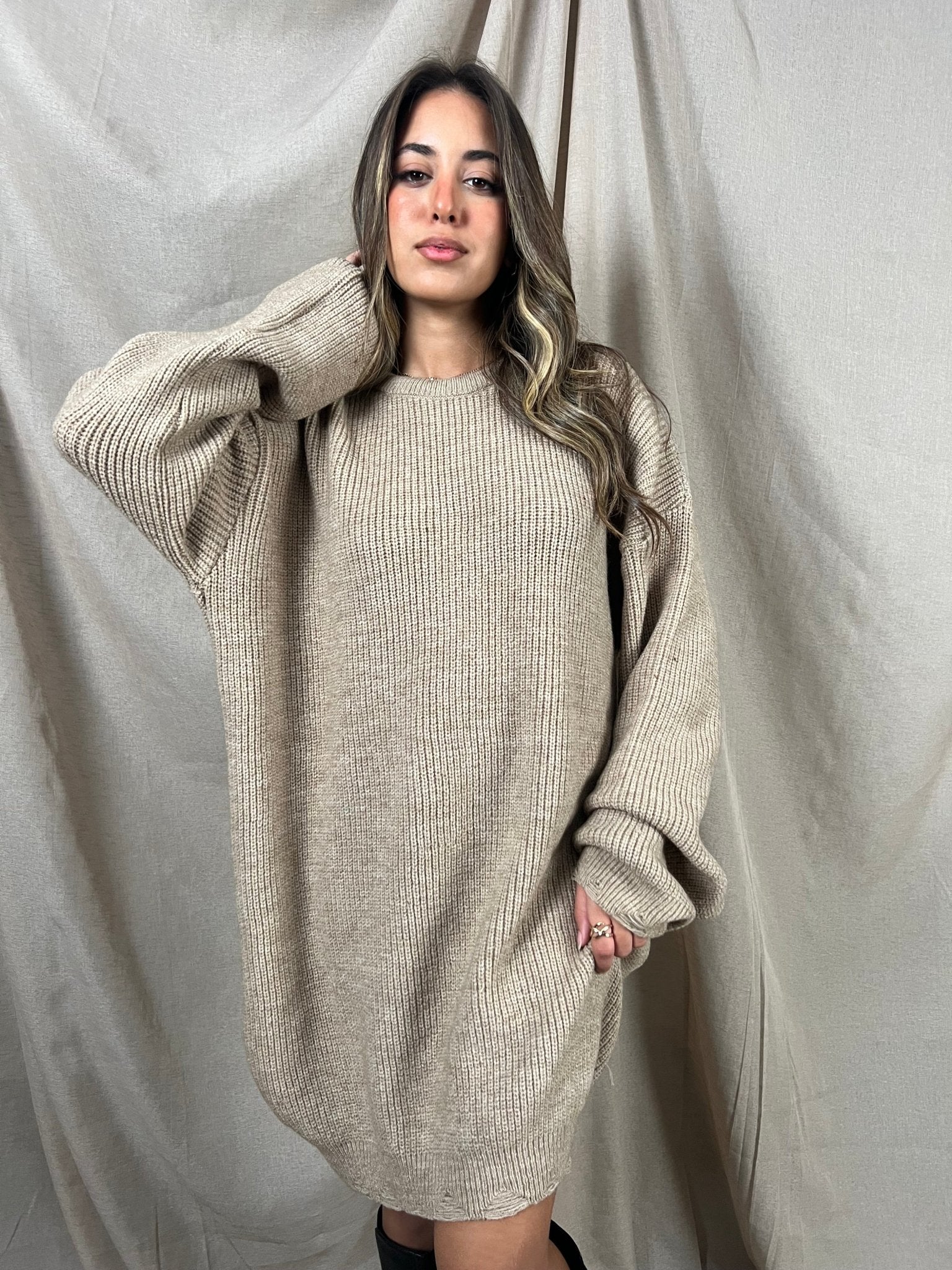Beige Frenchy Ripped Knit Sweater Dress – Mii