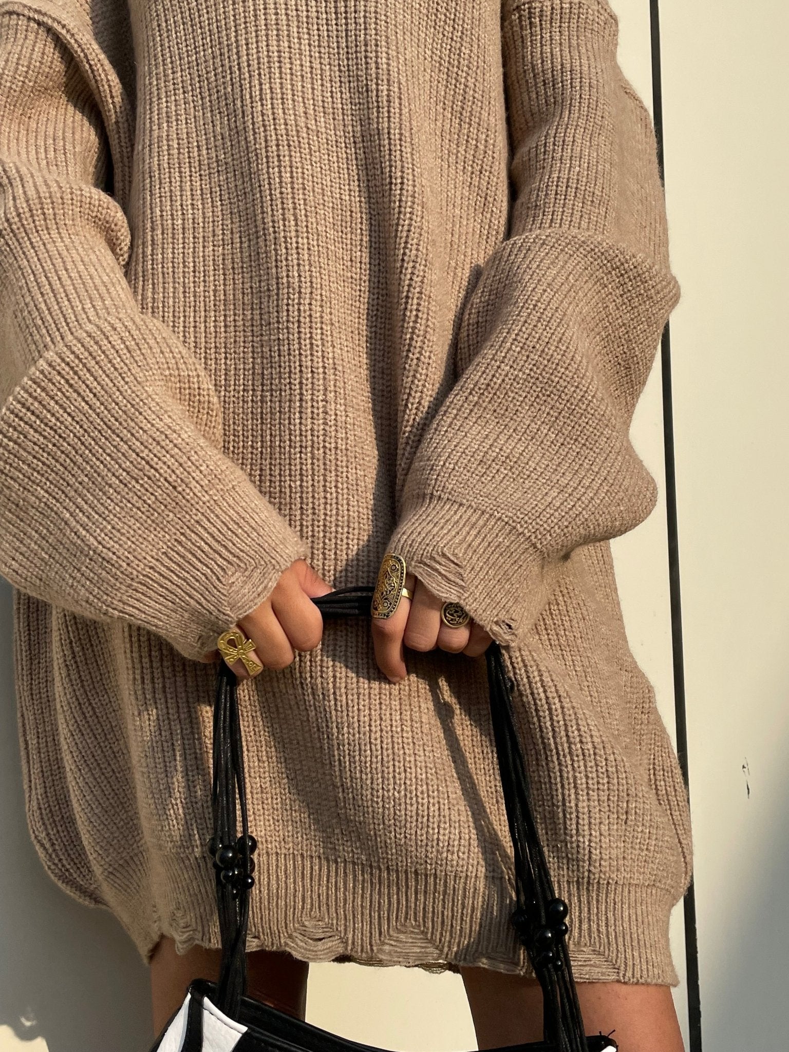 Beige Frenchy Ripped Knit Sweater Dress – Mii