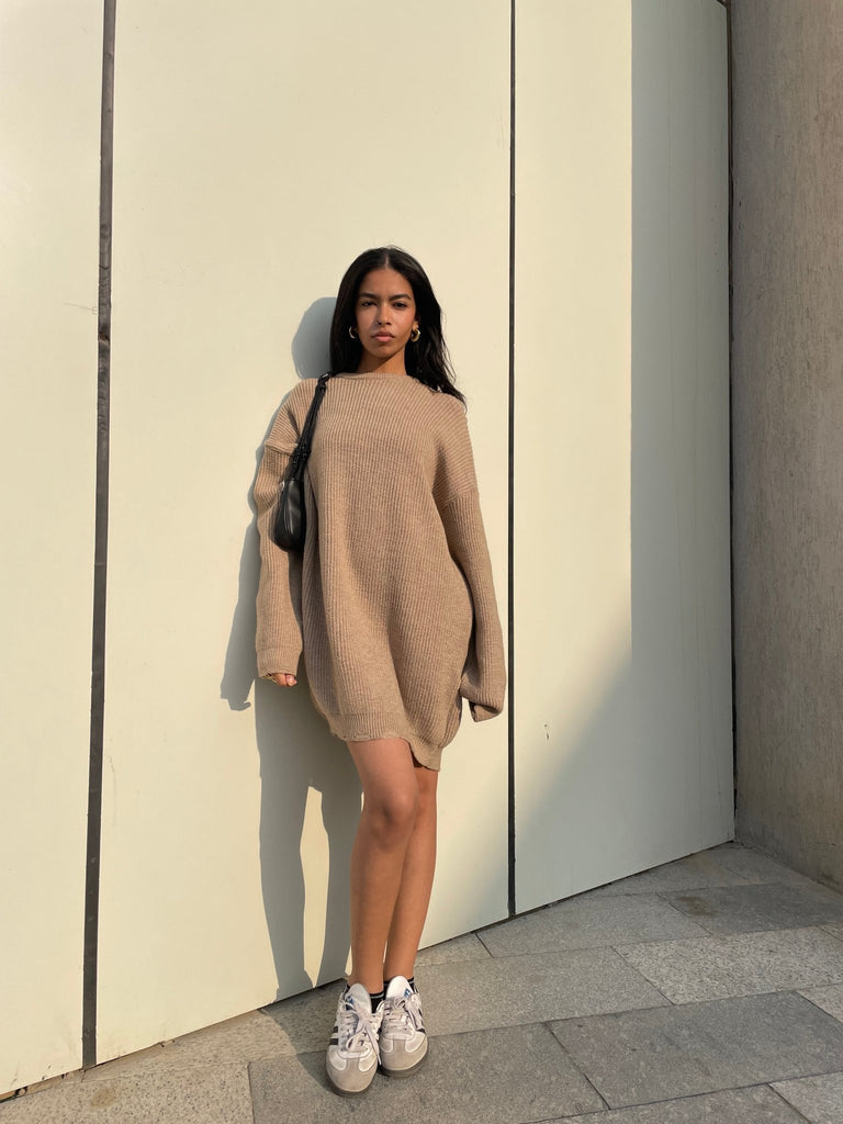 Beige Frenchy Ripped Knit Sweater Dress - Mii