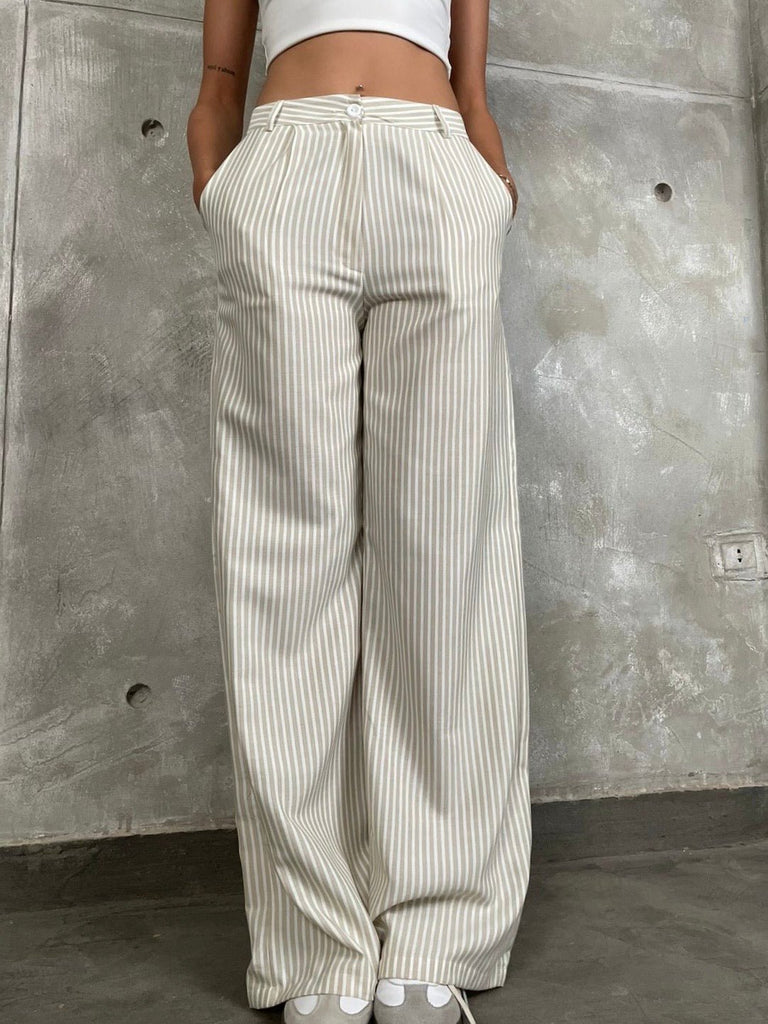 Beige High Waisted Striped Pants - Mii