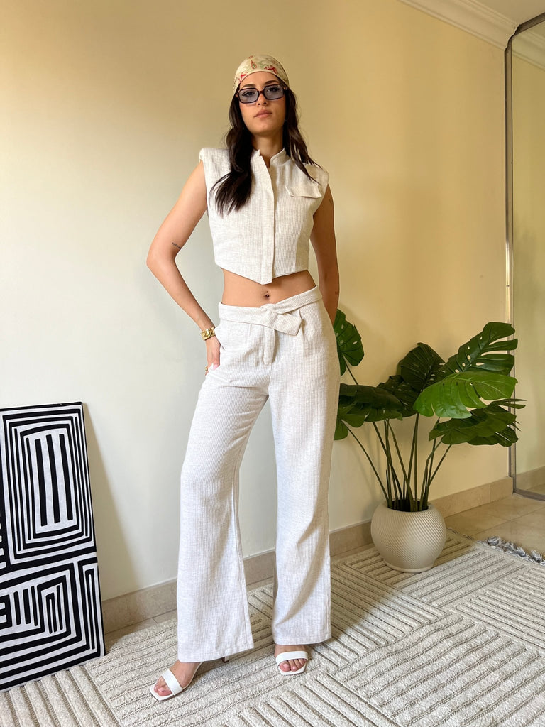 Beige Linen Cross Waisted Pants - Mii