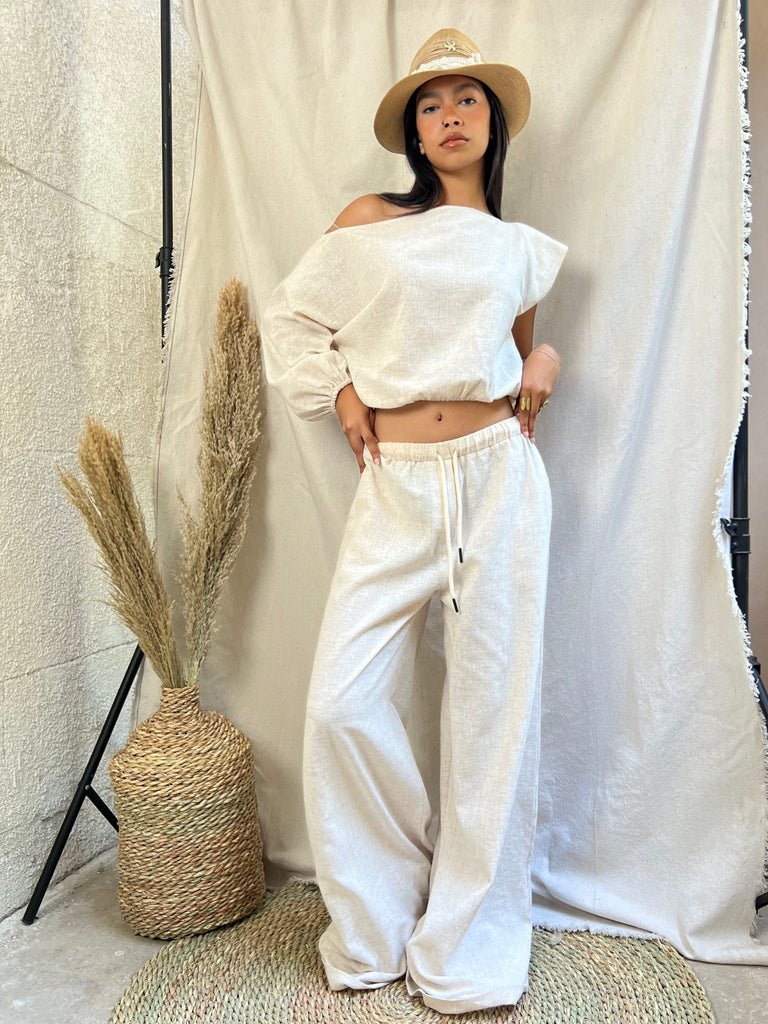 Beige Linen One Shoulder Top - Mii