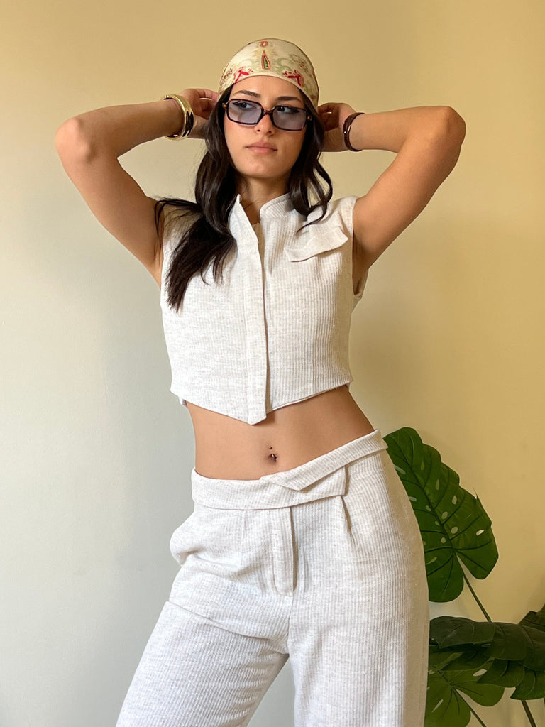 Beige Linen Zipper Vest - Mii