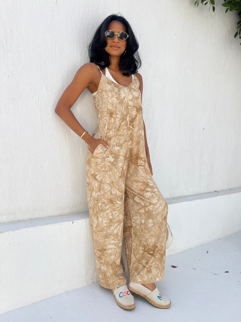 Beige Loose Floral Jumpsuit - Mii
