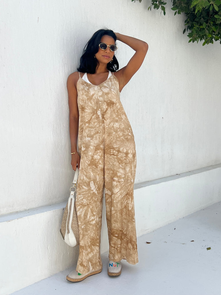 Beige Loose Floral Jumpsuit - Mii