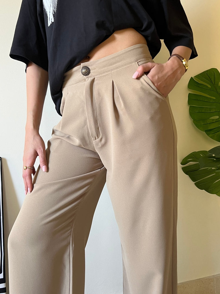 Beige Metal Button Formal Pants - Mii