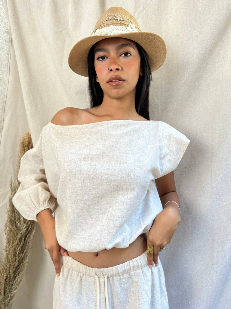 Beige Of Shoulder Linen Top - Mii