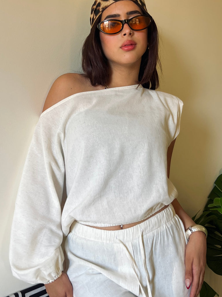 Beige Off Shoulder Linen Top - Mii
