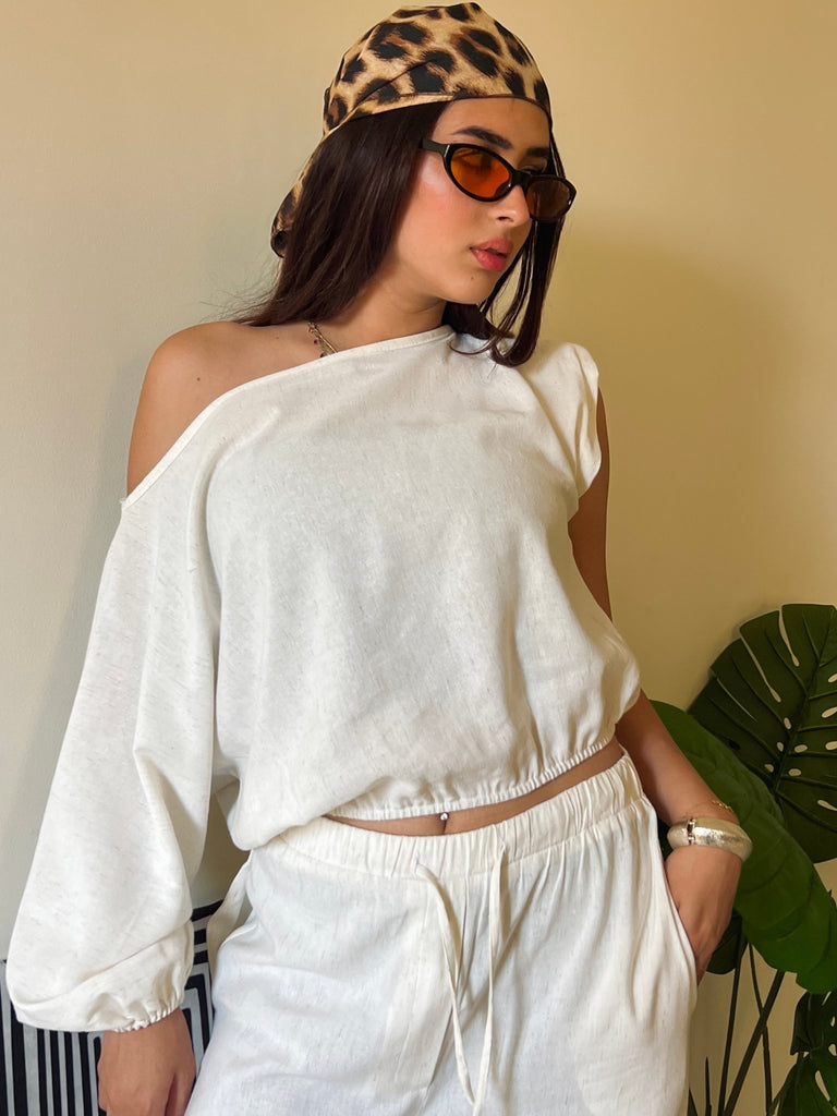 Beige Off Shoulder Linen Top - Mii