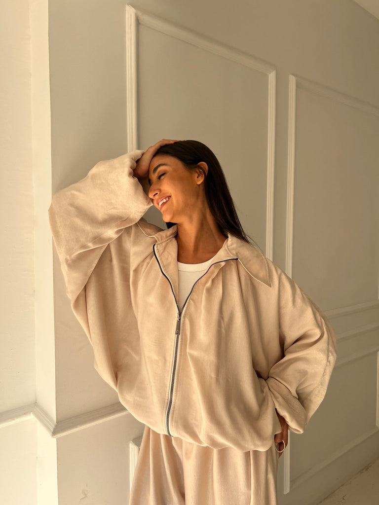 Beige Satin Balloon Jacket - Mii