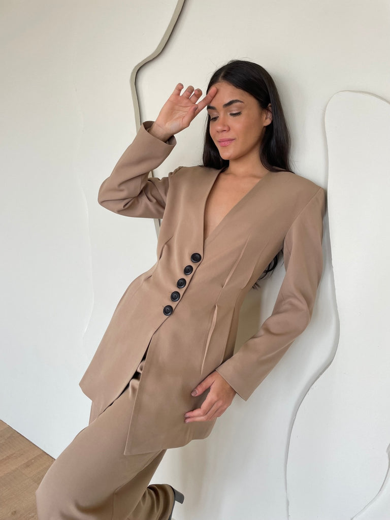 Beige Snatched Waist Blazer - Mii