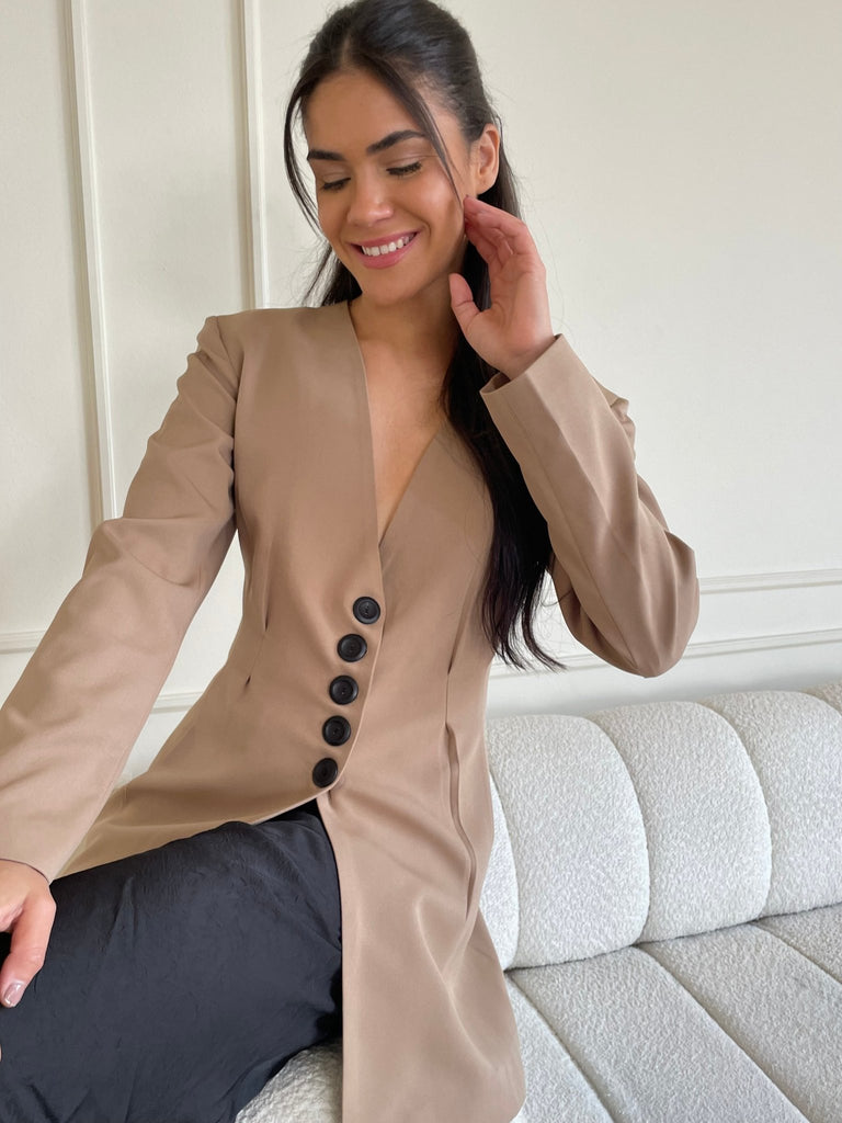 Beige Snatched Waist Blazer - Mii
