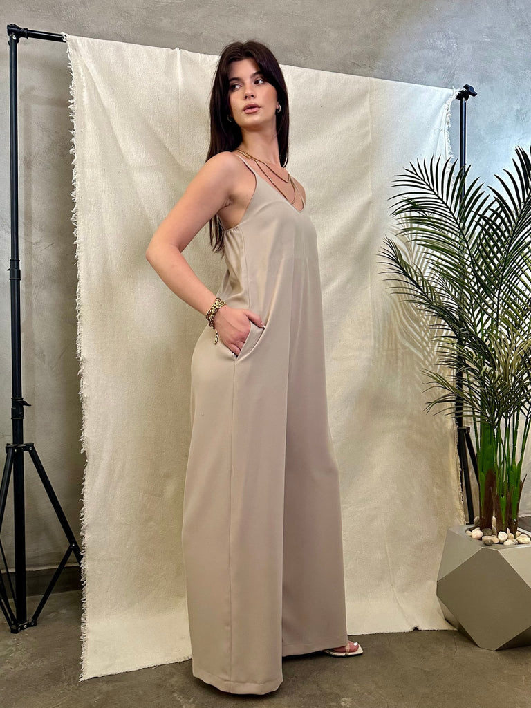 Beige Spaghetti Strap Wide Leg Jumpsuit - Mii