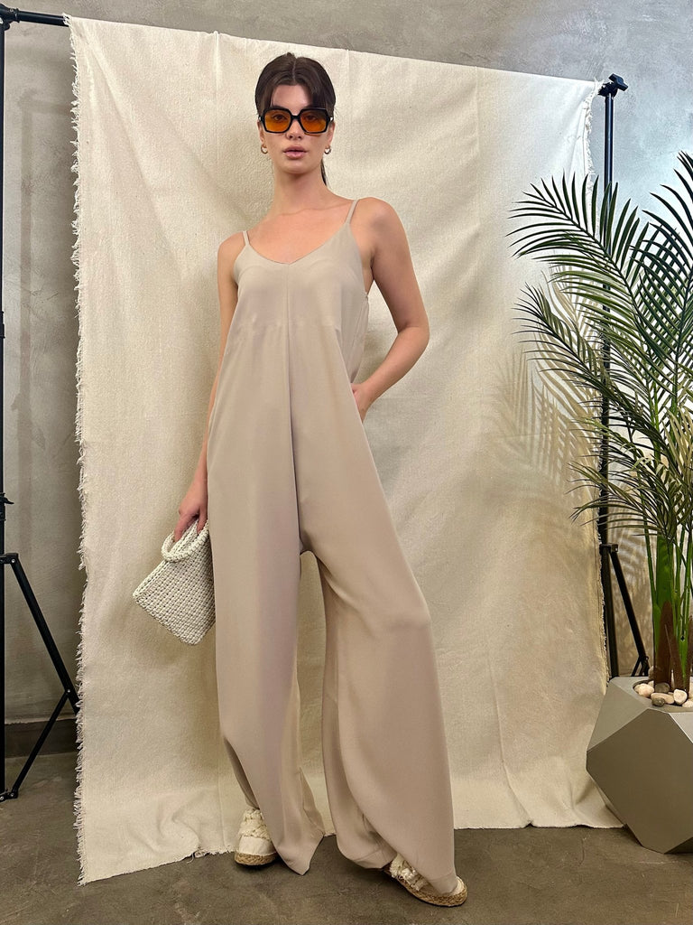 Beige Spaghetti Strap Wide Leg Jumpsuit - Mii