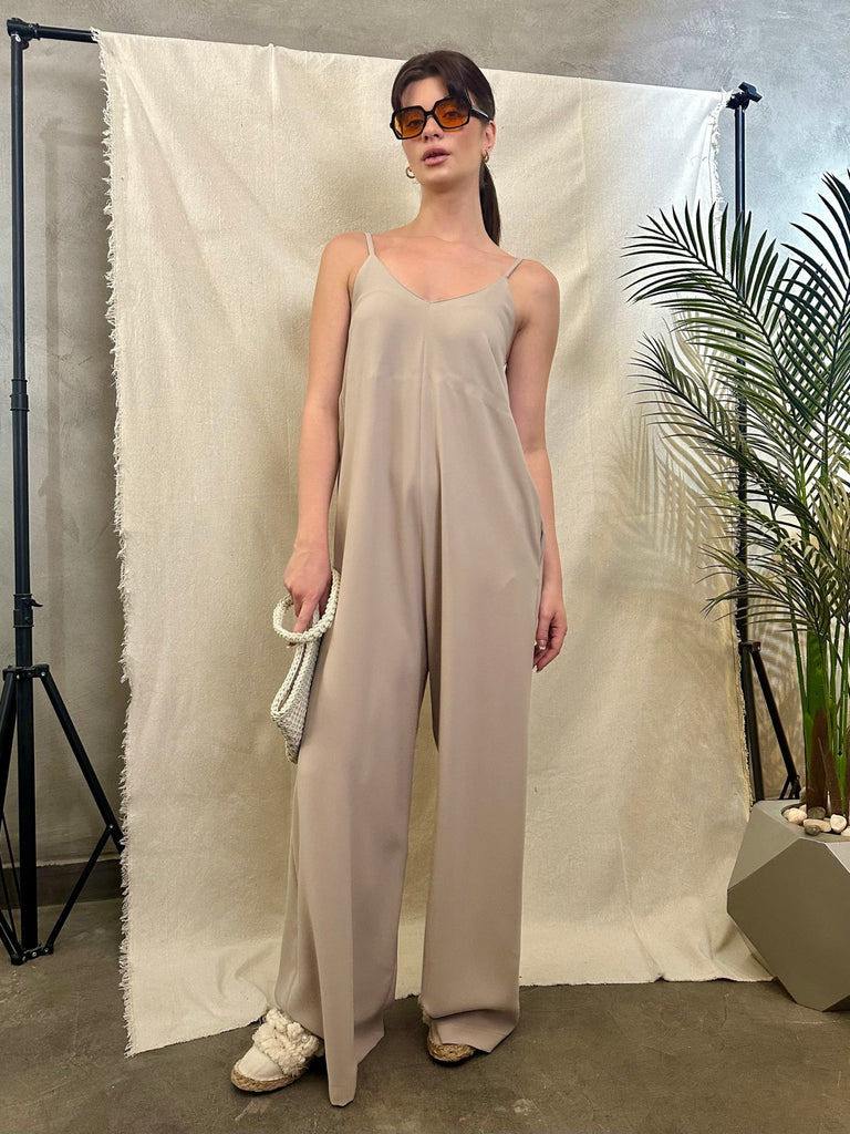 Beige Spaghetti Strap Wide Leg Jumpsuit - Mii