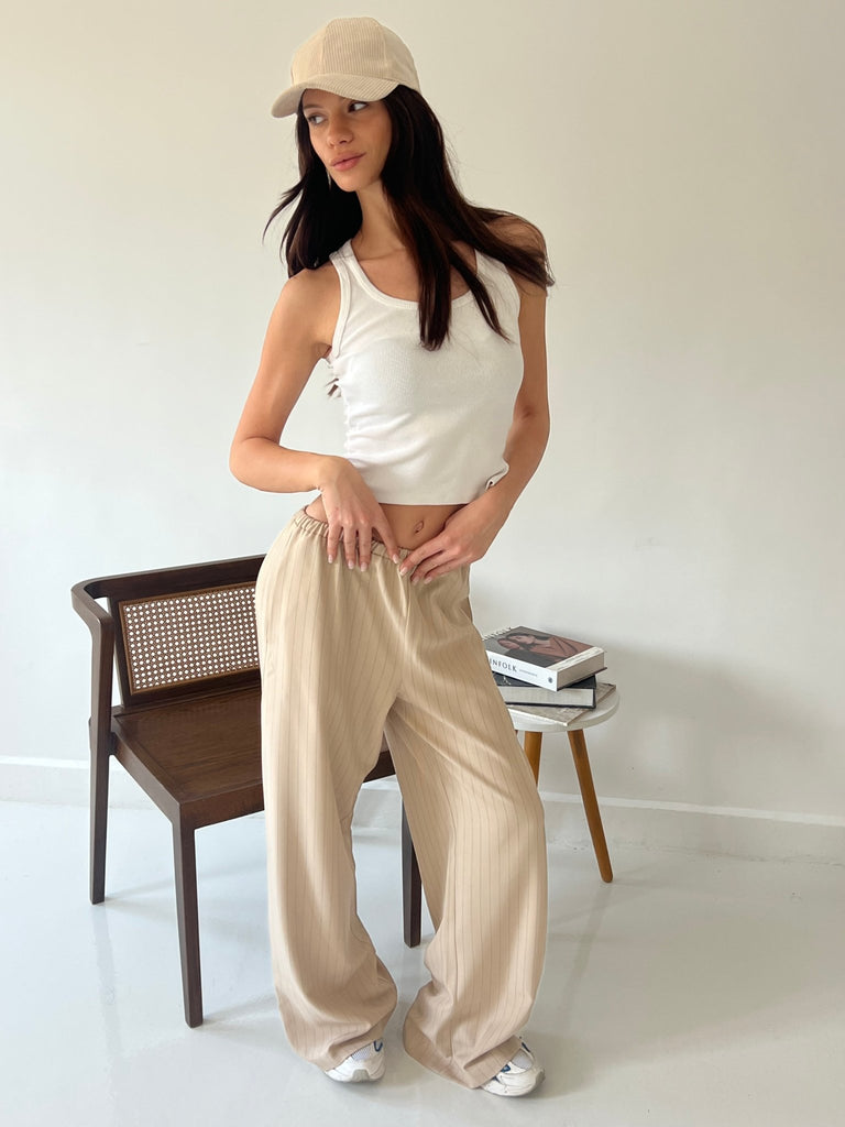 Beige Stripe Drawstring Pants - Mii