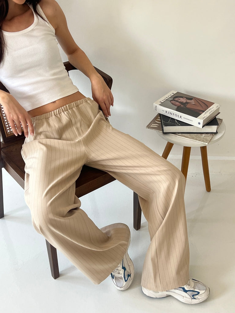 Beige Stripe Drawstring Pants - Mii