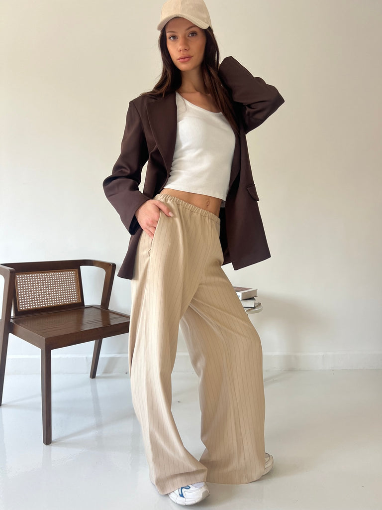 Beige Stripe Drawstring Pants - Mii