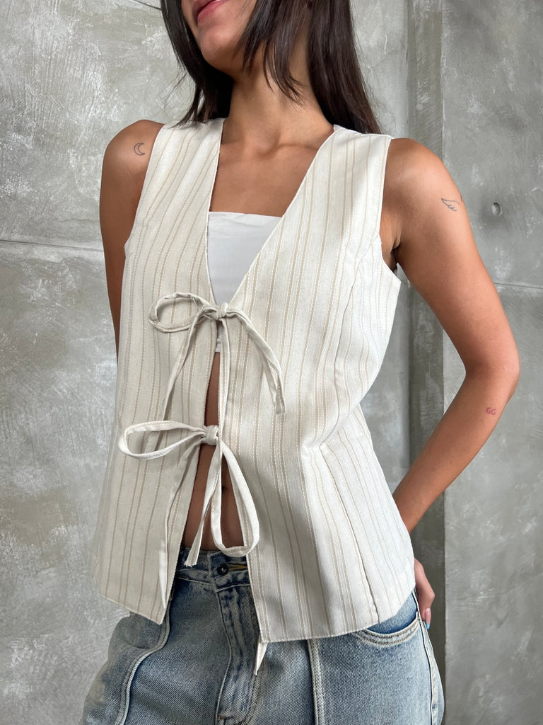 Beige Striped Front Tie Vest - Mii