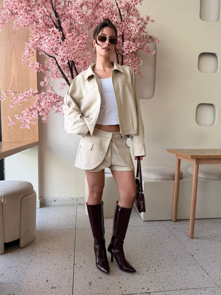 Beige Suede Layered Shorts - Mii