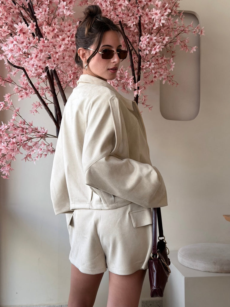 Beige Suede Relaxed Fit Jacket - Mii