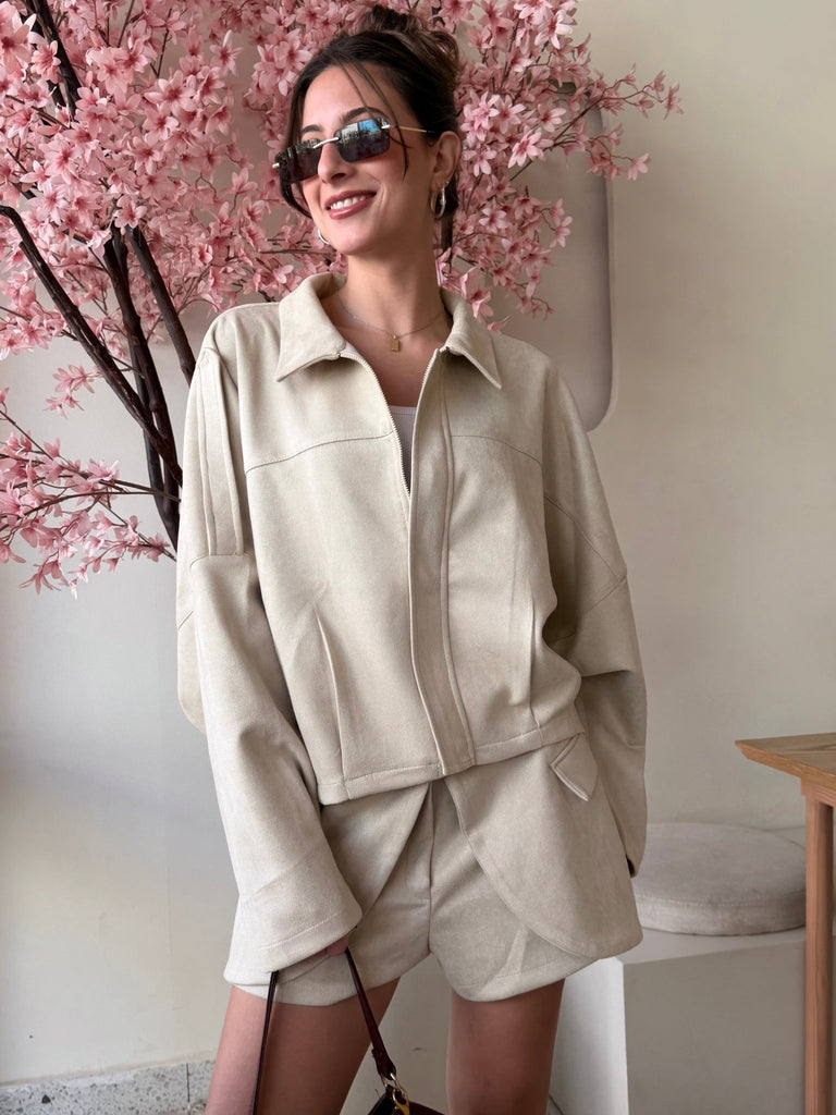 Beige Suede Relaxed Fit Jacket - Mii