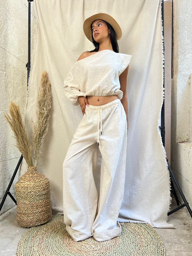Beige Wide Leg Linen Pants - Mii