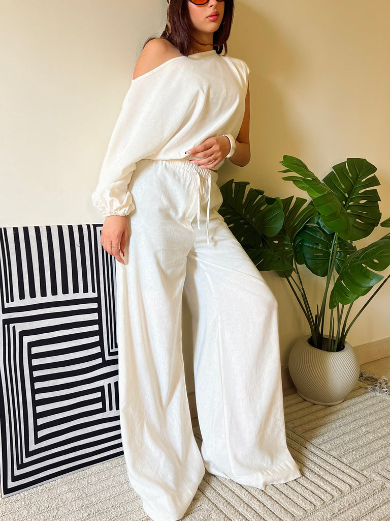 Beige Wide Leg Linen Pants - Mii
