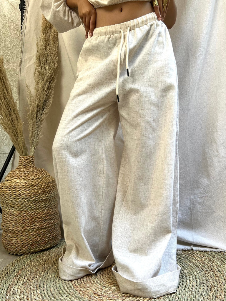Beige Wide Leg Linen Pants - Mii