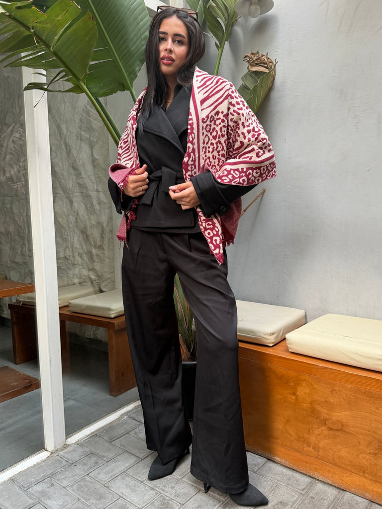 Beige X Burgundy Berry Animal Knit Scarf - Mii