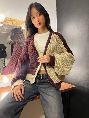 BeigeXBurgundy knit Cardigan - Mii