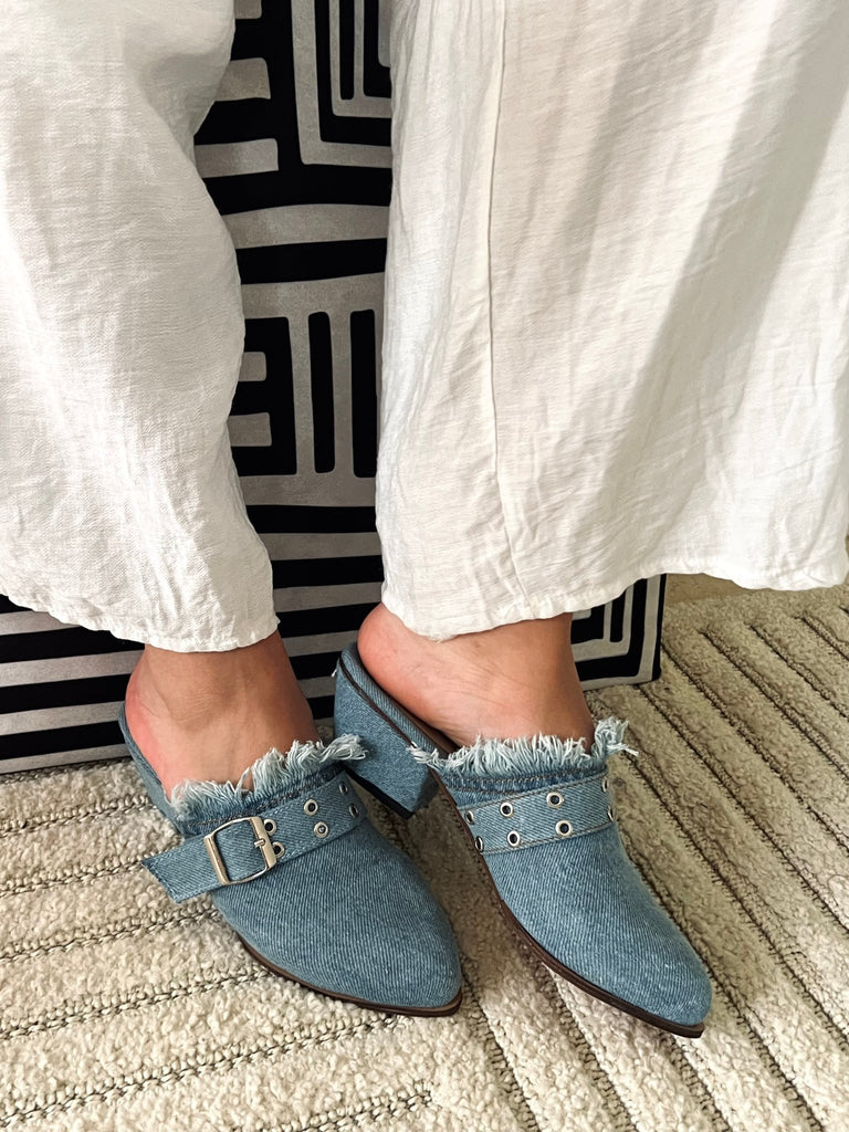 Belted Denim Short Heels Mule - Mii