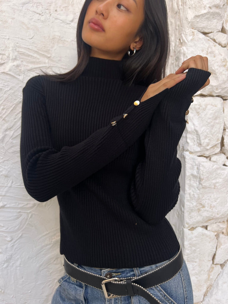 Black Basic Buttons Pullover - Mii