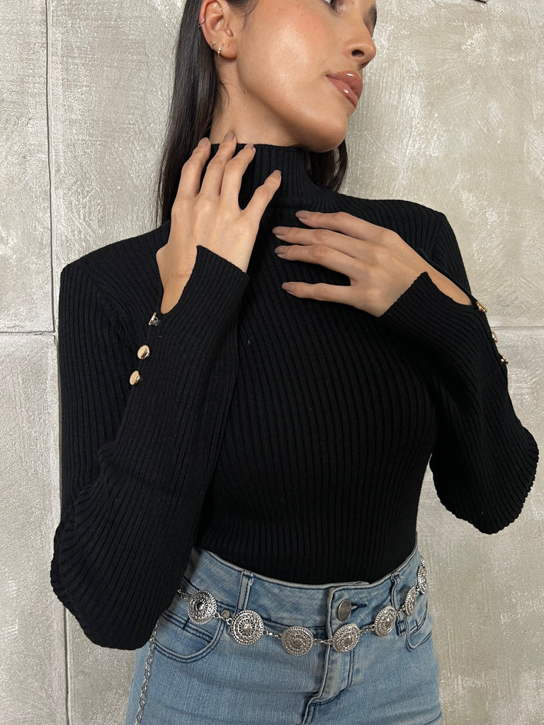 Black Basic Buttons Pullover - Mii