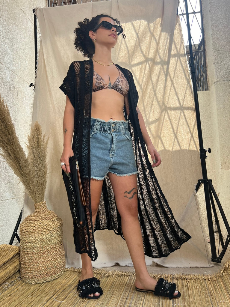 Black Beach Coverup Long Cardigan - Mii