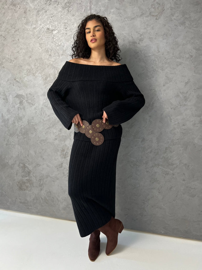 Black Cable Knit Long Skirt Set - Mii