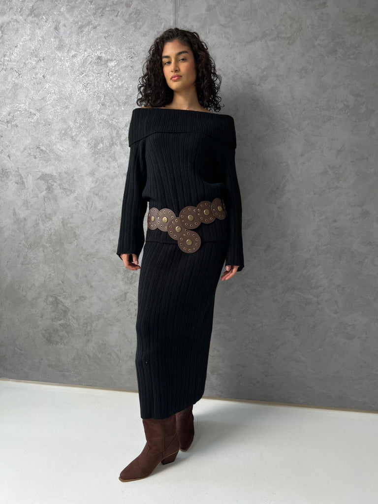 Black Cable Knit Long Skirt Set - Mii