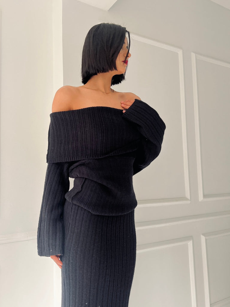 Black Cable Knit Long Skirt Set - Mii