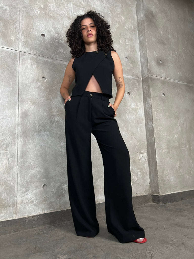 Black Double Button Wrap Vest - Mii