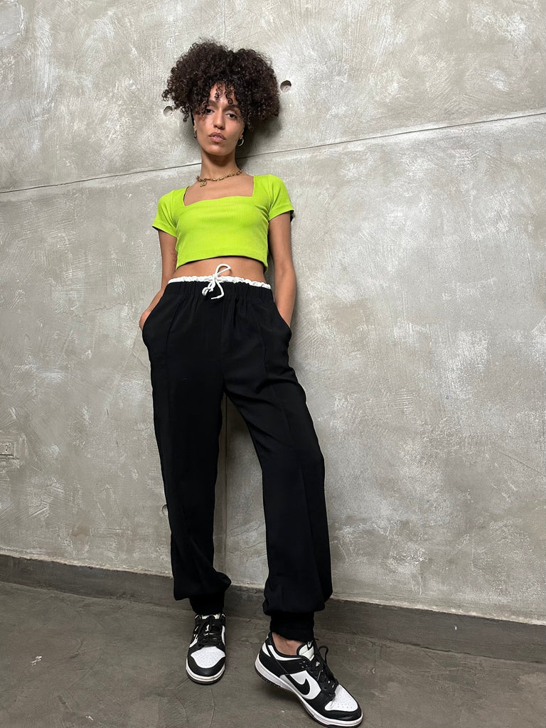 Black Double Satin Waist Pants - Mii