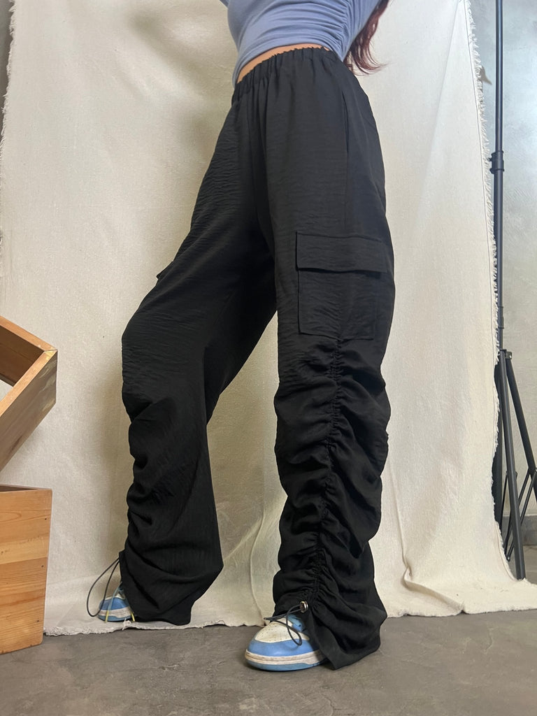 Black Flap Pocket Side Drawstring Waist Parachute Pants - Mii